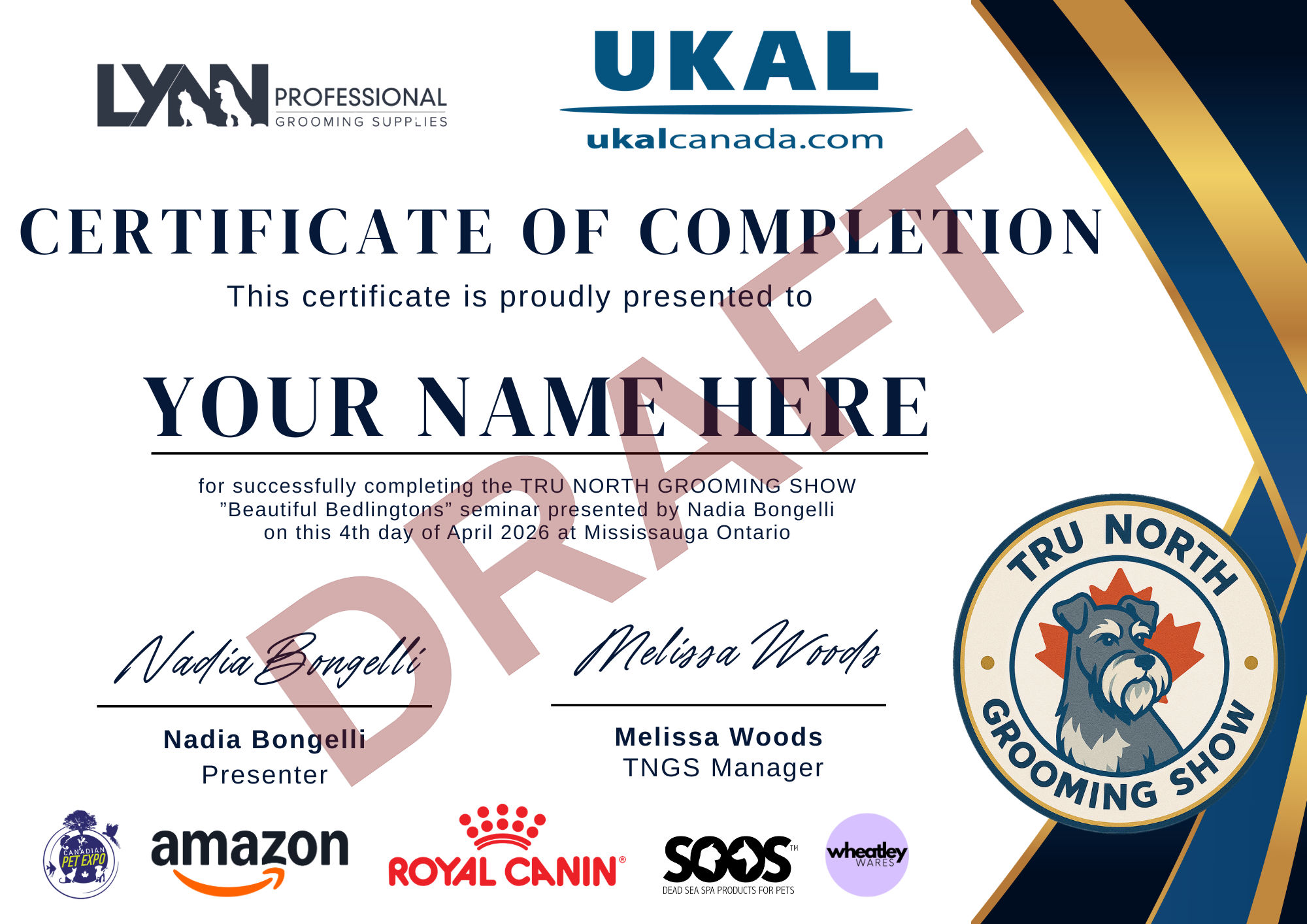 Example TruNorth Grooming Show certificate of completion with sponsor logos and signature lines